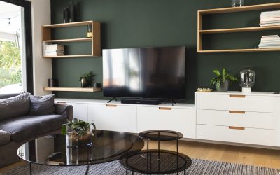 General view of living room with furniture and tv screen. Interior, house and domestic life.